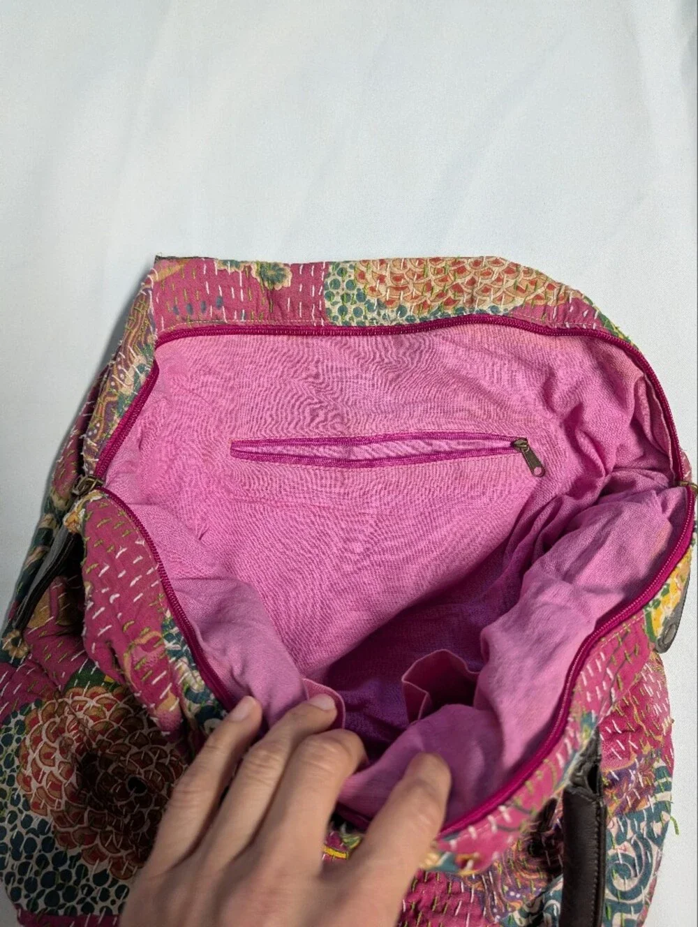Vintage Quilted Floral Kantha Tote with Multicolor Accents + Leather Straps